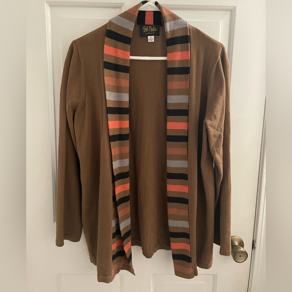 Bob Mackie Striped Brown Open Front Knit Cardigan, size medium